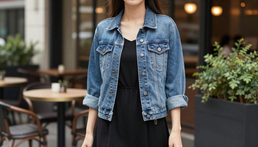 A stylish, medium wash denim jacket over a classic black dress, set in a chic, urban environment. The jacket is slightly oversized, with rolled-up sleeves, giving off a relaxed yet fashionable vibe. In the foreground, the dress contrasts nicely against the jacket, emphasizing its elegance. In the middle, the scene features a cozy café terrace with soft, ambient lighting, creating a warm atmosphere. Layers of soft-focus greenery in the background add depth to the image. The mood is casual and inviting, perfect for a day out. The image should be captured with natural lighting, accentuating the textures of the denim and fabric, in a slightly angled view that highlights both the jacket and dress harmoniously. A stylish, medium wash denim jacket over a classic black dress, set in a chic, urban environment. The jacket is slightly oversized, with rolled-up sleeves, giving off a relaxed yet fashionable vibe. In the foreground, the dress contrasts nicely against the jacket, emphasizing its elegance. In the middle, the scene features a cozy café terrace with soft, ambient lighting, creating a warm atmosphere. Layers of soft-focus greenery in the background add depth to the image. The mood is casual and inviting, perfect for a day out. The image should be captured with natural lighting, accentuating the textures of the denim and fabric, in a slightly angled view that highlights both the jacket and dress harmoniously.