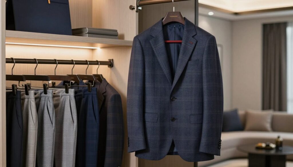 A stylish men's blazer with a bold checkered pattern in shades of navy and grey, tailored to perfection, hanging elegantly on a hanger. In the foreground, a well-organized wardrobe setting features a neatly arranged collection of trousers in a subtle plaid pattern, designed to complement the blazer. The middle ground showcases a well-lit dressing area, with soft, diffused lighting illuminating the fabrics, creating a sophisticated atmosphere. In the background, a tastefully decorated room with neutral-toned walls and contemporary decor enhances the elegance of the scene. The image should convey a sense of harmony and style, illustrating the art of pattern mixing in formal wear. The angle captures the details of the blazer and trousers clearly, emphasizing their textures and patterns. A stylish men's blazer with a bold checkered pattern in shades of navy and grey, tailored to perfection, hanging elegantly on a hanger. In the foreground, a well-organized wardrobe setting features a neatly arranged collection of trousers in a subtle plaid pattern, designed to complement the blazer. The middle ground showcases a well-lit dressing area, with soft, diffused lighting illuminating the fabrics, creating a sophisticated atmosphere. In the background, a tastefully decorated room with neutral-toned walls and contemporary decor enhances the elegance of the scene. The image should convey a sense of harmony and style, illustrating the art of pattern mixing in formal wear. The angle captures the details of the blazer and trousers clearly, emphasizing their textures and patterns.