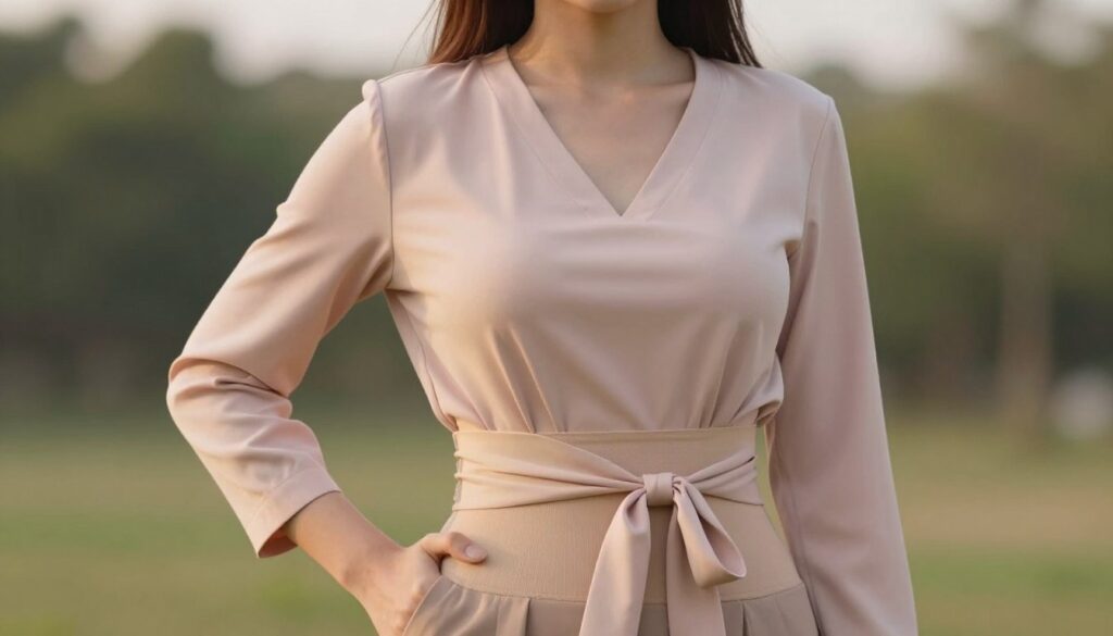 A stylish model standing confidently against a soft, natural backdrop, showcasing a well-defined waist. She's wearing a fitted blouse tied neatly at the waist, creating a flattering silhouette that emphasizes her figure without adding bulk. The blouse is a soft pastel color, complementing her figure. The focus is on the waistline, with warm, diffused lighting that highlights her curves gracefully. Shot from a slightly low angle to enhance the effect of the waist tie, with a blurred background of gentle greens and soft earth tones to create a calm, inviting atmosphere. The model's expression is relaxed and poised, reflecting a sense of style and elegance, ideal for understanding body-enhancing fashion choices. A stylish model standing confidently against a soft, natural backdrop, showcasing a well-defined waist. She's wearing a fitted blouse tied neatly at the waist, creating a flattering silhouette that emphasizes her figure without adding bulk. The blouse is a soft pastel color, complementing her figure. The focus is on the waistline, with warm, diffused lighting that highlights her curves gracefully. Shot from a slightly low angle to enhance the effect of the waist tie, with a blurred background of gentle greens and soft earth tones to create a calm, inviting atmosphere. The model's expression is relaxed and poised, reflecting a sense of style and elegance, ideal for understanding body-enhancing fashion choices.