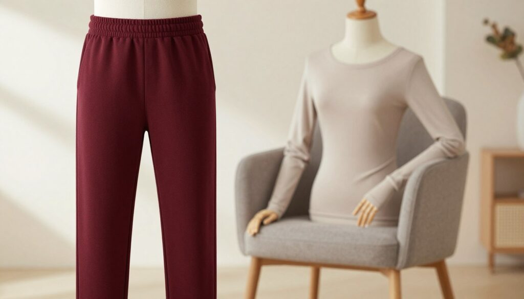 A stylish, modern outfit featuring burgundy cotton sweatpants (spodnie dresowe) showcased on a mannequin set against a minimalist, softly lit background. In the foreground, the cozy texture of the sweatpants is highlighted, showcasing details like an elastic waistband and tapered legs. The middle ground features a complementary fitted top in a neutral color, draped elegantly over a nearby chair, emphasizing a fashionable pairing with the burgundy bottoms. The background is softly blurred, with warm, natural lighting illuminating the fabrics, creating an inviting atmosphere. The overall mood conveys modern elegance and comfort, appealing to contemporary fashion sensibilities. A stylish, modern outfit featuring burgundy cotton sweatpants (spodnie dresowe) showcased on a mannequin set against a minimalist, softly lit background. In the foreground, the cozy texture of the sweatpants is highlighted, showcasing details like an elastic waistband and tapered legs. The middle ground features a complementary fitted top in a neutral color, draped elegantly over a nearby chair, emphasizing a fashionable pairing with the burgundy bottoms. The background is softly blurred, with warm, natural lighting illuminating the fabrics, creating an inviting atmosphere. The overall mood conveys modern elegance and comfort, appealing to contemporary fashion sensibilities.