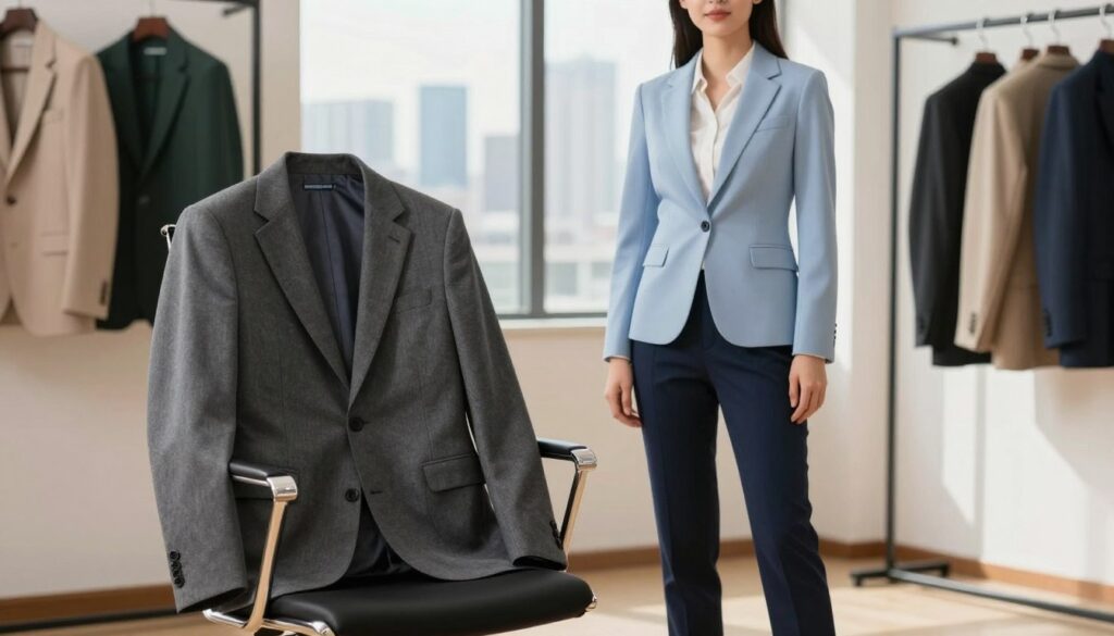 A stylish montage featuring various blazers paired with navy blue trousers in professional settings. In the foreground, showcase a tailored blazer in charcoal grey, elegantly draped over a sleek chair. In the middle ground, display a confident professional wearing a light blue blazer and navy pants, standing in an office environment with a city skyline visible through large windows. The background should include subtle, blurred images of different blazers in colors like beige, dark green, and black, hanging on a clothing rack, hinting at versatility. Ensure warm, natural lighting enhances the scene, with a shallow depth of field to focus on the blazer and pants combinations. The overall mood should be sophisticated and polished, illustrating suitable attire for various professional occasions. A stylish montage featuring various blazers paired with navy blue trousers in professional settings. In the foreground, showcase a tailored blazer in charcoal grey, elegantly draped over a sleek chair. In the middle ground, display a confident professional wearing a light blue blazer and navy pants, standing in an office environment with a city skyline visible through large windows. The background should include subtle, blurred images of different blazers in colors like beige, dark green, and black, hanging on a clothing rack, hinting at versatility. Ensure warm, natural lighting enhances the scene, with a shallow depth of field to focus on the blazer and pants combinations. The overall mood should be sophisticated and polished, illustrating suitable attire for various professional occasions.