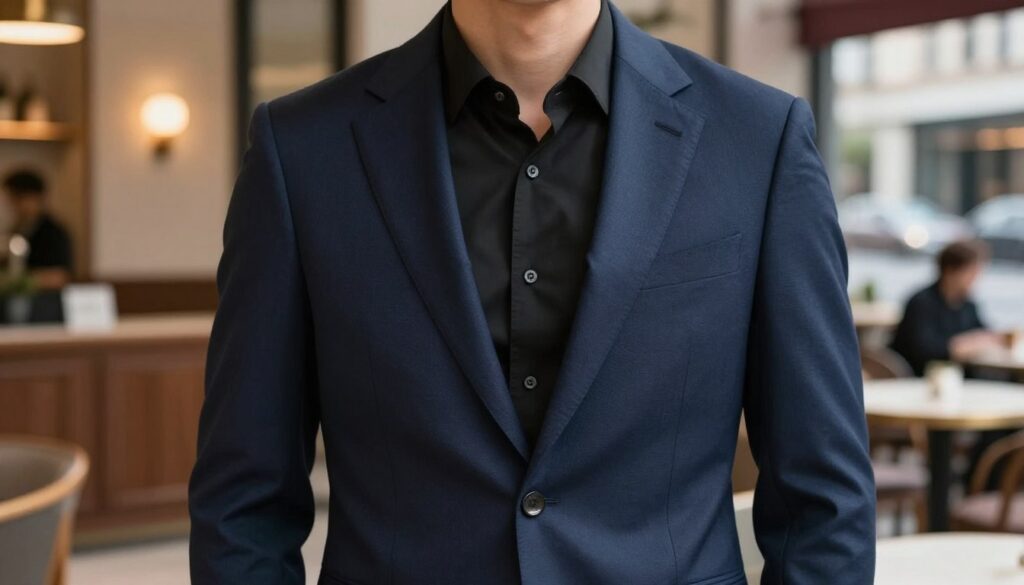 A stylish navy blazer elegantly draped over a sleek black shirt, showcasing a refined look that balances professionalism with casual flair. The foreground features the blazer prominently, emphasizing its crisp lines and tailored fit. In the middle ground, a versatile setting transitions from an elegant office space with soft lighting to a trendy outdoor café scene, suggesting a mix of business and leisure occasions. The background is softly blurred, featuring subtle hints of urban life, ensuring the focus remains on the outfit. The overall atmosphere is sophisticated yet approachable, with warm lighting that enhances the textures of the fabric, capturing the essence of how to pair a blazer with a black shirt for varied occasions. A stylish navy blazer elegantly draped over a sleek black shirt, showcasing a refined look that balances professionalism with casual flair. The foreground features the blazer prominently, emphasizing its crisp lines and tailored fit. In the middle ground, a versatile setting transitions from an elegant office space with soft lighting to a trendy outdoor café scene, suggesting a mix of business and leisure occasions. The background is softly blurred, featuring subtle hints of urban life, ensuring the focus remains on the outfit. The overall atmosphere is sophisticated yet approachable, with warm lighting that enhances the textures of the fabric, capturing the essence of how to pair a blazer with a black shirt for varied occasions.
