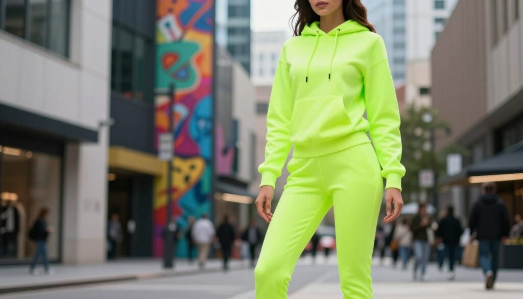 A stylish neon women's tracksuit displayed prominently in a bright, modern urban environment. In the foreground, the tracksuit features a fitted neon green hoodie with matching tapered joggers, elegantly styled on a mannequin or a model posing confidently. The middle ground showcases vibrant city elements, like sleek buildings and lively street art, contributing to the energy of the setting. The background hints at a bustling city life with blurred silhouettes of people, emphasizing a trendy lifestyle. Soft, natural lighting casts subtle shadows, enhancing the vibrant neon colors while maintaining a balanced and inviting atmosphere. The angle of the shot is slightly elevated, providing a broader view of the outfit in the context of its fashionable environment.
