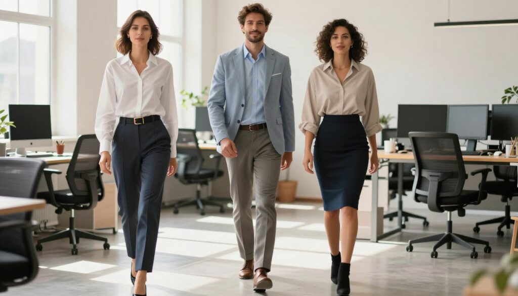 A stylish office scene featuring a diverse group of three professionals showcasing "stylizacje z koszulą" in a variety of elegant and fashionable ways. In the foreground, a woman in a neatly tucked-in white button-up shirt paired with tailored trousers, accessorized with a statement belt and office-appropriate heels. Next to her, a man in a crisp blue shirt layered with a light blazer and smart chinos, exuding a confident look. A second woman in stylish layers, combining an oversized shirt with a fitted skirt and ankle boots, adds a trendy vibe. The background features a bright, modern office space with natural light streaming through large windows, creating a warm and inviting atmosphere. The overall mood is professional yet fashionable, highlighting versatile shirt styling options. A stylish office scene featuring a diverse group of three professionals showcasing "stylizacje z koszulą" in a variety of elegant and fashionable ways. In the foreground, a woman in a neatly tucked-in white button-up shirt paired with tailored trousers, accessorized with a statement belt and office-appropriate heels. Next to her, a man in a crisp blue shirt layered with a light blazer and smart chinos, exuding a confident look. A second woman in stylish layers, combining an oversized shirt with a fitted skirt and ankle boots, adds a trendy vibe. The background features a bright, modern office space with natural light streaming through large windows, creating a warm and inviting atmosphere. The overall mood is professional yet fashionable, highlighting versatile shirt styling options.