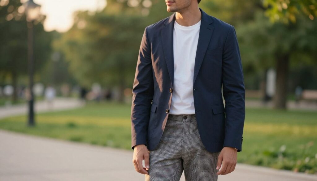 A stylish outdoor scene featuring a man wearing checkered pants, paired with a simple white T-shirt and a tailored navy blazer. The man stands confidently in the foreground, with a slight smile, showcasing his casual yet polished look. In the middle ground, a softly blurred park setting provides a vibrant splash of greenery, suggesting a relaxed atmosphere. The lighting is warm and inviting, capturing the golden hour just before sunset, which casts a gentle glow on the subject. The angle is a slight eye-level shot, focusing on the outfit while subtly featuring the surroundings. The overall mood conveys a sense of casual sophistication, ideal for a stylish day out. No text or logos are present, ensuring a clean presentation. A stylish outdoor scene featuring a man wearing checkered pants, paired with a simple white T-shirt and a tailored navy blazer. The man stands confidently in the foreground, with a slight smile, showcasing his casual yet polished look. In the middle ground, a softly blurred park setting provides a vibrant splash of greenery, suggesting a relaxed atmosphere. The lighting is warm and inviting, capturing the golden hour just before sunset, which casts a gentle glow on the subject. The angle is a slight eye-level shot, focusing on the outfit while subtly featuring the surroundings. The overall mood conveys a sense of casual sophistication, ideal for a stylish day out. No text or logos are present, ensuring a clean presentation.