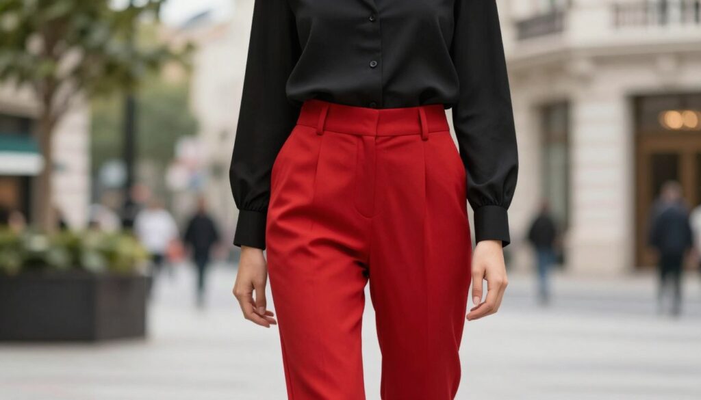 A stylish outfit featuring a black blouse paired with vibrant colored trousers, embodying the themes of classic elegance, contrast, and bold accents. The scene captures a fashionable urban setting, with a focus on the bottom half of a model in modest business attire, showcasing a perfect pairing of chic red trousers. The background is softly blurred, hinting at a lively city street adorned with subtle greenery and elegant architecture. The lighting is bright yet soft, creating a warm and inviting atmosphere that highlights the fabric textures and colors. The angle is a mid-shoot, emphasizing the outfit while maintaining an air of sophistication and casual elegance without any distractions. A stylish outfit featuring a black blouse paired with vibrant colored trousers, embodying the themes of classic elegance, contrast, and bold accents. The scene captures a fashionable urban setting, with a focus on the bottom half of a model in modest business attire, showcasing a perfect pairing of chic red trousers. The background is softly blurred, hinting at a lively city street adorned with subtle greenery and elegant architecture. The lighting is bright yet soft, creating a warm and inviting atmosphere that highlights the fabric textures and colors. The angle is a mid-shoot, emphasizing the outfit while maintaining an air of sophistication and casual elegance without any distractions.