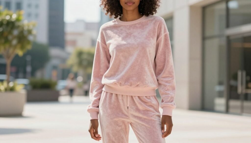 A stylish outfit featuring a soft, pastel-colored velour sweatshirt paired with matching jogger-style pants. The foreground includes a model of diverse ethnicity wearing the ensemble confidently, showcasing a relaxed yet chic pose. The model is set against a bright, airy urban environment with soft morning sunlight casting gentle shadows. In the background, blurred but recognizable city elements like modern buildings and greenery hint at a vibrant lifestyle. The composition captures a sense of comfort and versatility suitable for different occasions, from casual outings to relaxed indoor settings. The image exudes a warm and inviting atmosphere, emphasizing the trendiness of the velour tracksuit.