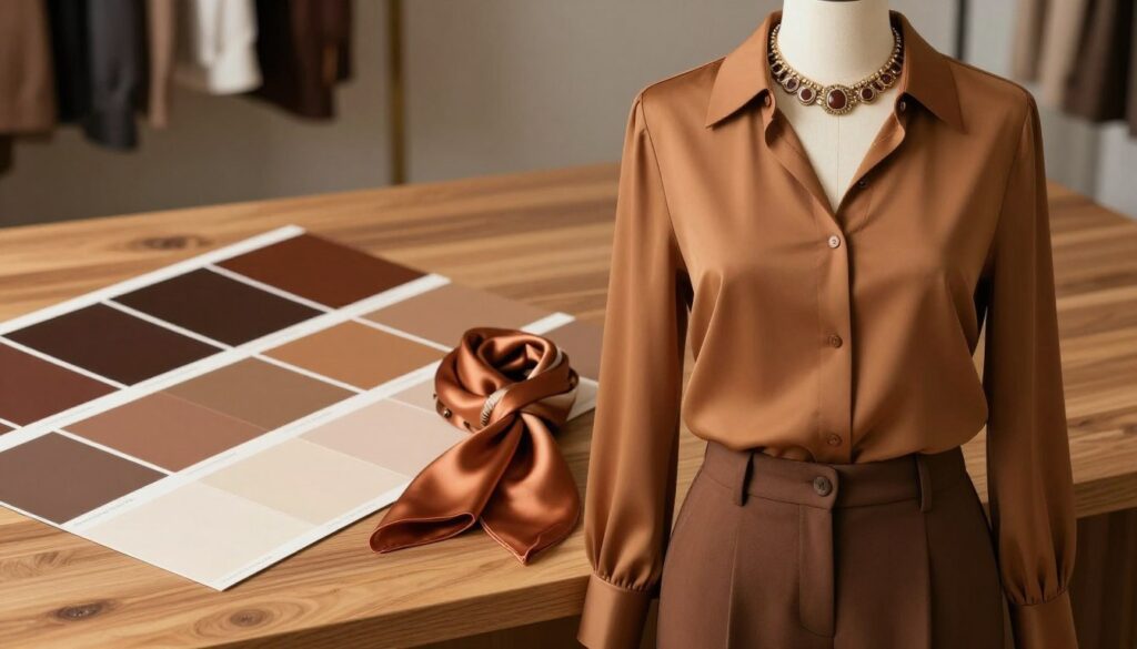 A stylish outfit featuring a variety of shades of brown, focusing on a chic blouse paired with elegant brown trousers. In the foreground, display a well-tailored, modern blouse in a warm caramel hue, softly draped on a mannequin. Accompany it with complementary accessories, such as a silk scarf in a rich copper shade and a statement necklace. In the middle ground, arrange a color palette showcasing different tones of brown — from a deep chocolate to light beige — laid out on a sleek wooden surface. In the background, a softly blurred studio setting with warm lighting enhances the inviting atmosphere. The overall mood should evoke a sense of sophistication and inspiration for color coordination, spotlighting how to achieve a striking look with brown shades. A stylish outfit featuring a variety of shades of brown, focusing on a chic blouse paired with elegant brown trousers. In the foreground, display a well-tailored, modern blouse in a warm caramel hue, softly draped on a mannequin. Accompany it with complementary accessories, such as a silk scarf in a rich copper shade and a statement necklace. In the middle ground, arrange a color palette showcasing different tones of brown — from a deep chocolate to light beige — laid out on a sleek wooden surface. In the background, a softly blurred studio setting with warm lighting enhances the inviting atmosphere. The overall mood should evoke a sense of sophistication and inspiration for color coordination, spotlighting how to achieve a striking look with brown shades.