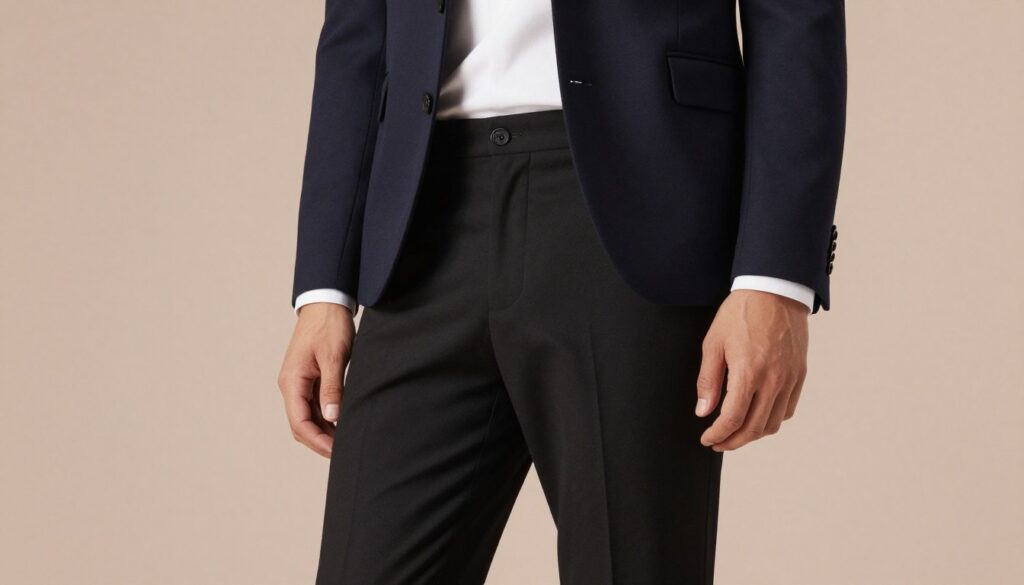 A stylish outfit featuring tailored black trousers paired with a navy blazer, set against a neutral background. The trousers are well-fitted, emphasizing elegance, and are styled with a simple white shirt tucked in. The blazer is a classic navy, exuding sophistication. Soft, diffused lighting highlights the textures of the fabric, creating a warm and inviting atmosphere. The scene is captured from a low angle to emphasize the formal wear, providing a sense of importance and style. The overall mood is chic and modern, suitable for a wedding setting, showcasing the harmonious pairing of black trousers and a navy blazer while maintaining professionalism and elegance. No text, watermarks, or distractions in the image.