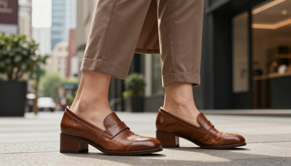 A stylish pair of elegant, oversized women's shoes set in a chic urban environment. The foreground features a close-up of the shoes, showcasing intricate details like textured leather and unique stitching. In the middle ground, a model wearing a modest oversized shirt and tailored trousers stands confidently, highlighting the proportionate balance between her outfit and the shoes. Soft, natural lighting casts gentle shadows, creating a warm and inviting atmosphere. The background reveals a trendy cityscape with blurred hints of greenery and modern architecture, adding depth and context to the setting. The angle is slightly low to emphasize the shoes' design while maintaining a sophisticated feel, ensuring the image radiates elegance and fashion-savvy styling.