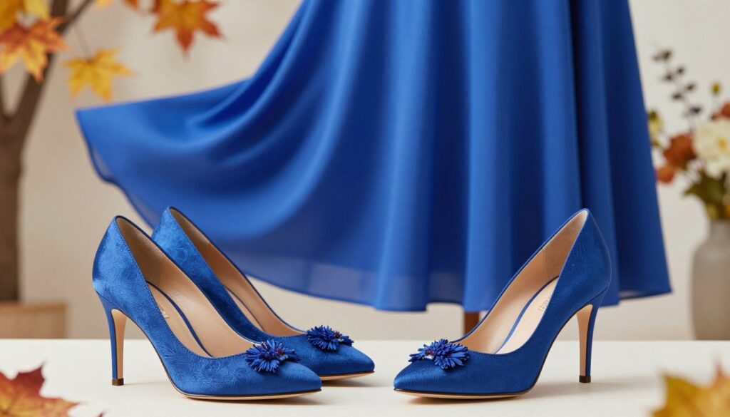 A stylish pair of elegant shoes designed for wear with a vibrant cornflower blue dress. In the foreground, showcase a chic pair of high-heeled shoes in a complementary shade, crafted from premium materials, featuring intricate details like subtle embellishments or texture. In the middle ground, display the cornflower blue dress gracefully draped on a mannequin or hanging elegantly, highlighting its elegant cut and movement. The background should blend softly with hints of seasonal elements, such as warm autumn leaves or fresh spring blooms, suggesting versatility for any time of the year. Use soft, natural lighting to create a welcoming atmosphere, emphasizing the richness of the colors while adding a touch of sophistication. Capture the scene from a slightly elevated angle for a dynamic perspective. A stylish pair of elegant shoes designed for wear with a vibrant cornflower blue dress. In the foreground, showcase a chic pair of high-heeled shoes in a complementary shade, crafted from premium materials, featuring intricate details like subtle embellishments or texture. In the middle ground, display the cornflower blue dress gracefully draped on a mannequin or hanging elegantly, highlighting its elegant cut and movement. The background should blend softly with hints of seasonal elements, such as warm autumn leaves or fresh spring blooms, suggesting versatility for any time of the year. Use soft, natural lighting to create a welcoming atmosphere, emphasizing the richness of the colors while adding a touch of sophistication. Capture the scene from a slightly elevated angle for a dynamic perspective.