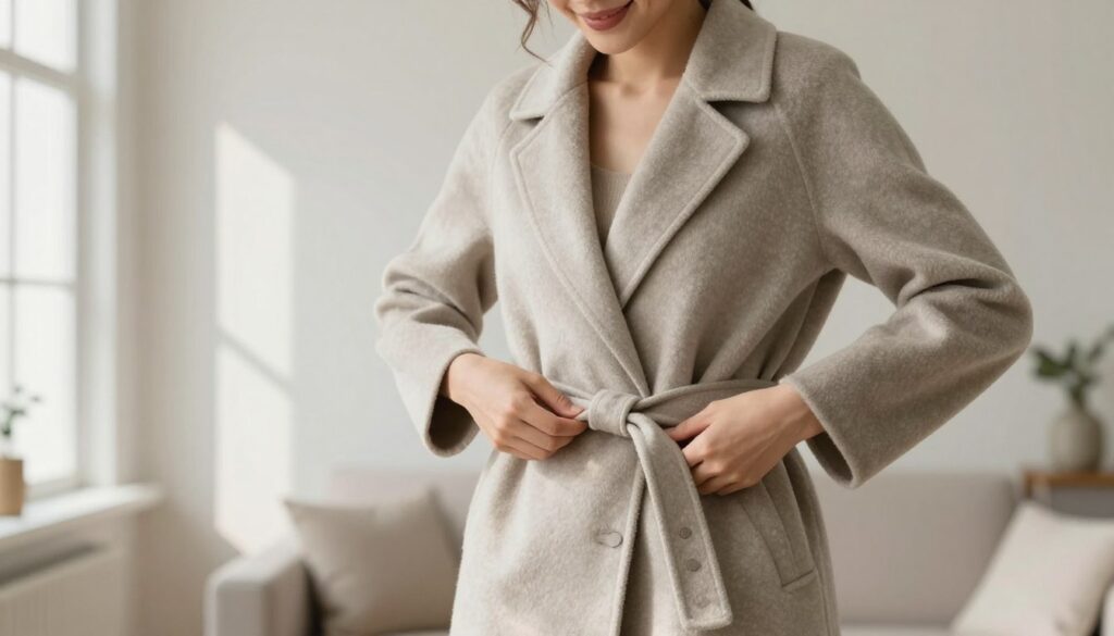 A stylish person dressed in a fashionable, tailored coat with a belt is demonstrating different ways to tie the coat's belt, such as a bow and a knot, in a bright, well-lit room. The foreground shows the individual with a confident smile, focusing on tying the belt perfectly, showcasing a graceful, elegant bow on one side. In the middle, elegantly draped fabric contrasts with the person’s smart attire, emphasizing the coat's design and the belt’s aesthetic. The background features a soft-focus, chic interior, highlighting neutral colors and minimalist decor. Natural light filters through a nearby window, casting gentle shadows, creating a refined, sophisticated atmosphere. The mood is inspiring, encouraging viewers to embrace stylish belt tying techniques. A stylish person dressed in a fashionable, tailored coat with a belt is demonstrating different ways to tie the coat's belt, such as a bow and a knot, in a bright, well-lit room. The foreground shows the individual with a confident smile, focusing on tying the belt perfectly, showcasing a graceful, elegant bow on one side. In the middle, elegantly draped fabric contrasts with the person’s smart attire, emphasizing the coat's design and the belt’s aesthetic. The background features a soft-focus, chic interior, highlighting neutral colors and minimalist decor. Natural light filters through a nearby window, casting gentle shadows, creating a refined, sophisticated atmosphere. The mood is inspiring, encouraging viewers to embrace stylish belt tying techniques.