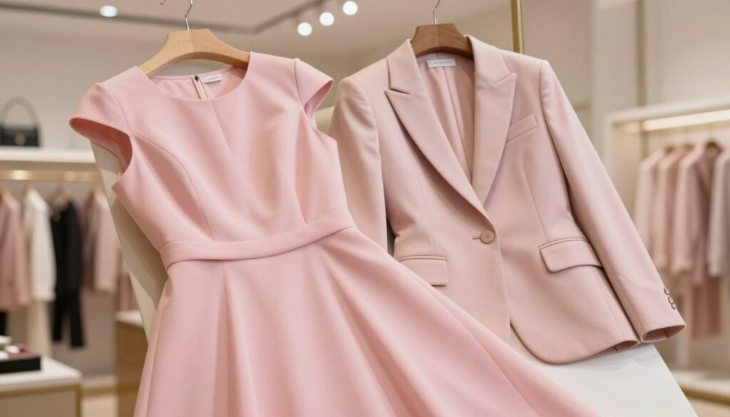 A stylish, powder pink dress prominently displayed in the foreground, showcasing its delicate fabric and elegant silhouette. In the middle ground, a tailored jacket in complementary soft tones, arranged invitingly beside the dress, emphasizing a harmonious pairing. The background features a softly blurred chic boutique setting with gentle lighting that enhances the warm hues of pink, creating an inviting atmosphere. The scene captures a sense of sophistication and professionalism, with a clean, minimalist aesthetic. The lighting is soft and diffused, suggesting an early morning ambiance, while the angle is slightly above eye-level, giving a flattering view of the ensemble. No human subjects are present, ensuring a focus on the attire itself. A stylish, powder pink dress prominently displayed in the foreground, showcasing its delicate fabric and elegant silhouette. In the middle ground, a tailored jacket in complementary soft tones, arranged invitingly beside the dress, emphasizing a harmonious pairing. The background features a softly blurred chic boutique setting with gentle lighting that enhances the warm hues of pink, creating an inviting atmosphere. The scene captures a sense of sophistication and professionalism, with a clean, minimalist aesthetic. The lighting is soft and diffused, suggesting an early morning ambiance, while the angle is slightly above eye-level, giving a flattering view of the ensemble. No human subjects are present, ensuring a focus on the attire itself.
