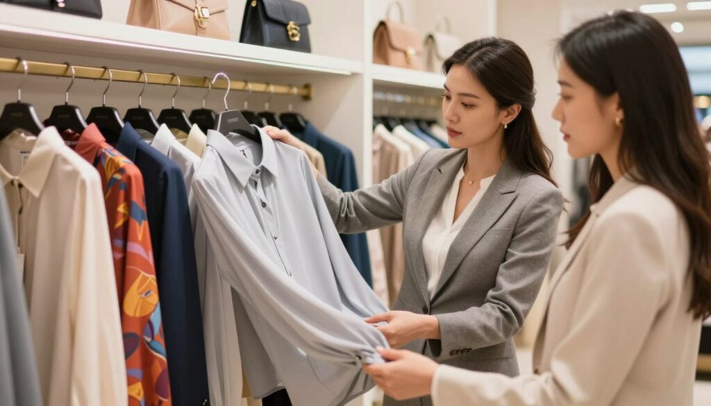 A stylish, professional setting featuring a fashion consultant and a client discussing blouse options for women's suits. In the foreground, the consultant, dressed in a chic, tailored outfit, is holding a selection of blouses in various colors and styles, displaying them thoughtfully. The client, elegantly dressed in business attire, appears engaged and attentive, examining the choices. The middle ground includes a well-organized display of blouses on hangers, showcasing common mistakes, like overly bright patterns or ill-fitting styles. The background is softly blurred, featuring a well-lit boutique with shelves of elegant outfits, creating a warm, inviting atmosphere. The lighting is bright and professional, highlighting the textures of the blouses and creating depth. The mood is informative and stylish, conveying an approachable yet professional ambiance.