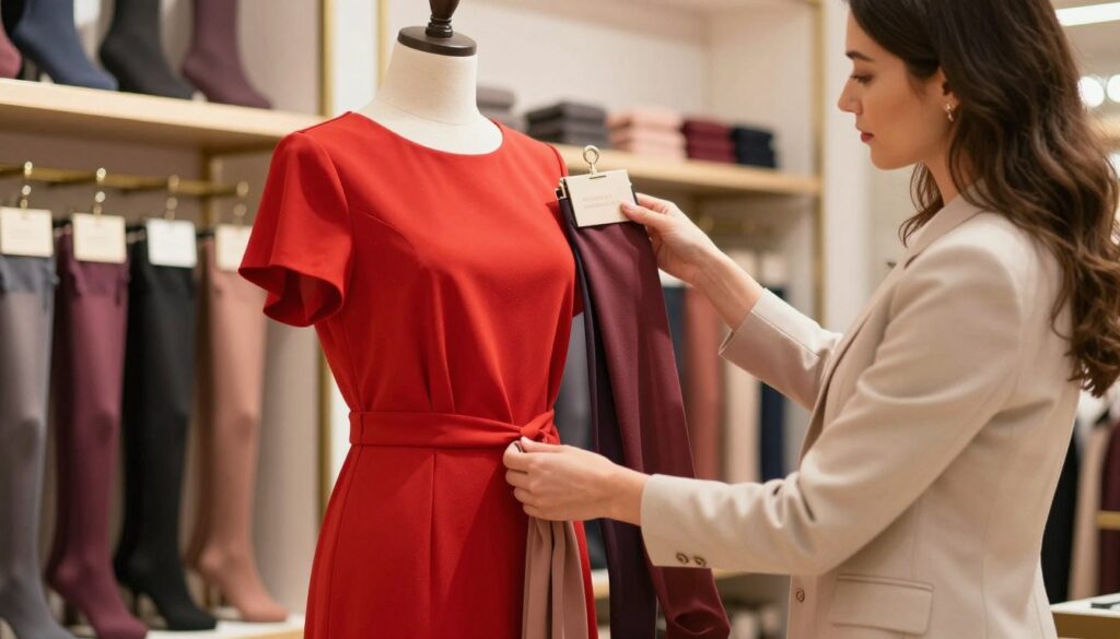 A stylish scene featuring a fashion stylist in a chic boutique, carefully selecting the perfect pair of tights to complement a vibrant red dress displayed on a mannequin. The foreground shows the stylist, a woman in elegant, modest business attire, thoughtfully holding up different shades of tights against the dress, analyzing their hues. In the middle, the beautifully draped red dress is positioned prominently, showcasing its texture and color. The background includes stylish shelves filled with various tights in complementary shades, illuminated by soft, warm lighting that creates an inviting atmosphere. The lens captures a slightly angled view to enhance depth, focusing on the careful selection process while evoking a sense of fashion expertise and attention to detail. A stylish scene featuring a fashion stylist in a chic boutique, carefully selecting the perfect pair of tights to complement a vibrant red dress displayed on a mannequin. The foreground shows the stylist, a woman in elegant, modest business attire, thoughtfully holding up different shades of tights against the dress, analyzing their hues. In the middle, the beautifully draped red dress is positioned prominently, showcasing its texture and color. The background includes stylish shelves filled with various tights in complementary shades, illuminated by soft, warm lighting that creates an inviting atmosphere. The lens captures a slightly angled view to enhance depth, focusing on the careful selection process while evoking a sense of fashion expertise and attention to detail.