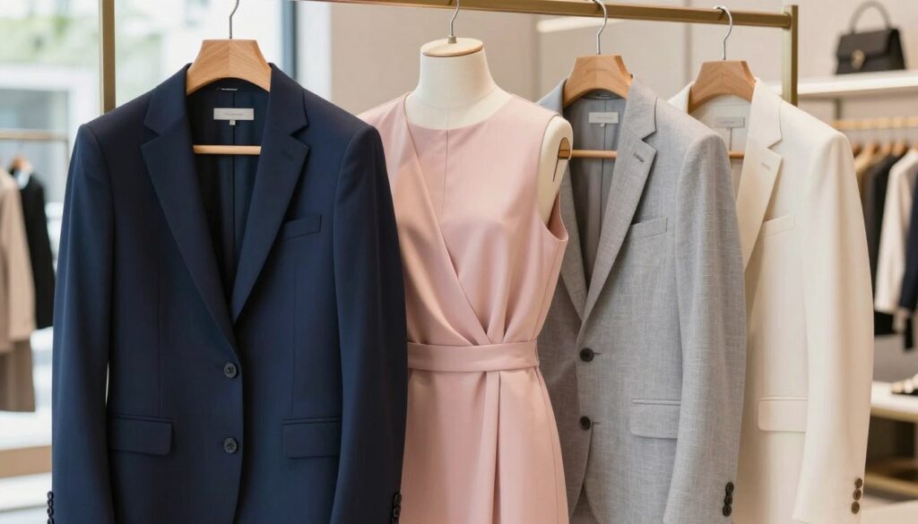 A stylish selection of tailored blazers suited for pairing with a pink dress, showcasing a range of best cuts from business to casual. In the foreground, three distinct blazers: a sleek navy business blazer, a light grey casual blazer, and an elegant cream blazer, each hanging on minimalistic hangers. The middle features a softly draped pink dress on a mannequin, harmonizing with the blazers. The background displays a chic, modern boutique with softly blurred shelves filled with fashionable accessories. Natural light filters through large windows, casting a warm glow over the scene, enhancing the elegant atmosphere. A close-up angle ensures clarity of the fabrics, textures, and colors, creating a sophisticated, inviting mood for readers considering the perfect jacket for their outfit. A stylish selection of tailored blazers suited for pairing with a pink dress, showcasing a range of best cuts from business to casual. In the foreground, three distinct blazers: a sleek navy business blazer, a light grey casual blazer, and an elegant cream blazer, each hanging on minimalistic hangers. The middle features a softly draped pink dress on a mannequin, harmonizing with the blazers. The background displays a chic, modern boutique with softly blurred shelves filled with fashionable accessories. Natural light filters through large windows, casting a warm glow over the scene, enhancing the elegant atmosphere. A close-up angle ensures clarity of the fabrics, textures, and colors, creating a sophisticated, inviting mood for readers considering the perfect jacket for their outfit.