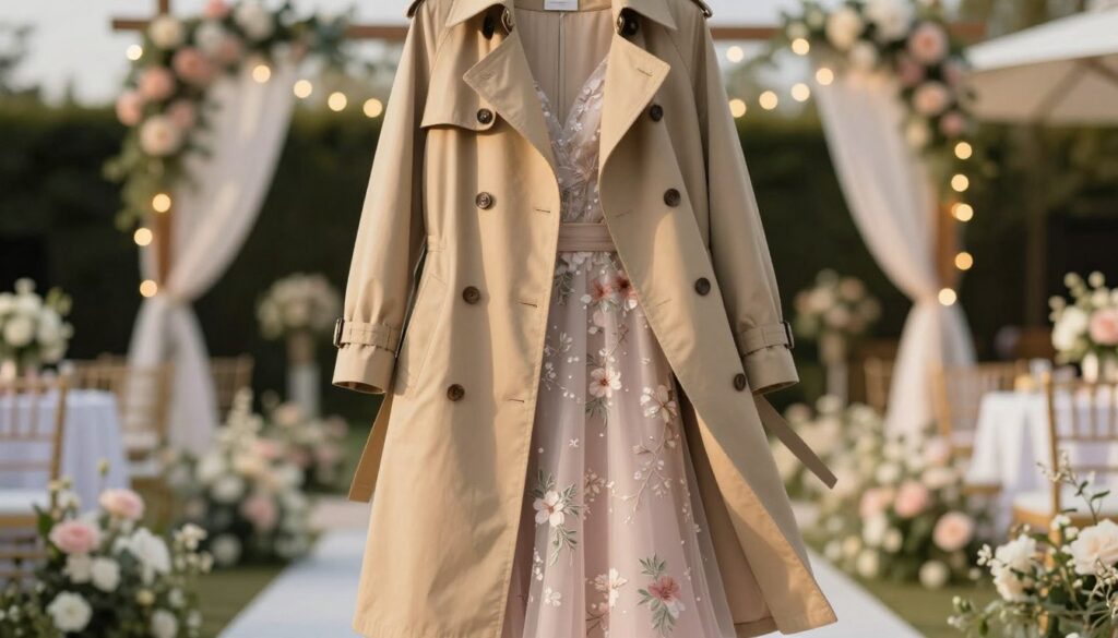 A stylish trench coat, featuring a classic double-breasted design, is draped elegantly over a long, flowing evening dress in a chic setting. The trench is a warm beige color, made of a lightweight, water-resistant fabric, with a tailored fit that accentuates the silhouette of the dress beneath. In the foreground, the coat is unbuttoned, revealing a delicate, floral-patterned gown, showcasing intricate details. The middle ground includes a softly blurred backdrop of an outdoor wedding venue, adorned with twinkling fairy lights and soft pastel decorations, creating an inviting atmosphere. The lighting is warm, suggesting late afternoon sun. Capture this scene using a shallow depth of field to draw focus to the trench and dress, evoking a romantic and elegant mood suitable for a wedding celebration.