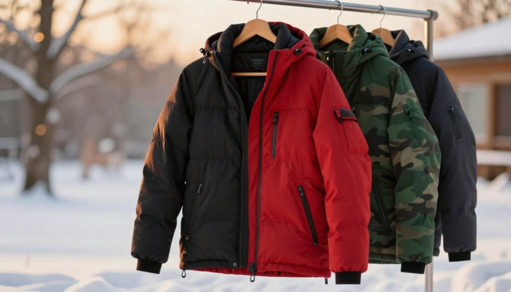 A stylish winter jacket displayed prominently in the foreground, showcasing a variety of colors: sleek black, vibrant reds, deep greens, and a stylish camouflage pattern. The jacket is hanging on an elegant wooden hanger against a softly blurred, snowy landscape in the background, enhancing the winter theme. Warm golden light filters through, creating a cozy atmosphere that highlights the textures of the jacket fabric. A subtle bokeh effect draws attention to the foreground colors while maintaining an inviting, fashionable mood. The scene captures the essence of modern winter fashion, mixing practicality with style, making it appealing for winter wardrobe considerations. A stylish winter jacket displayed prominently in the foreground, showcasing a variety of colors: sleek black, vibrant reds, deep greens, and a stylish camouflage pattern. The jacket is hanging on an elegant wooden hanger against a softly blurred, snowy landscape in the background, enhancing the winter theme. Warm golden light filters through, creating a cozy atmosphere that highlights the textures of the jacket fabric. A subtle bokeh effect draws attention to the foreground colors while maintaining an inviting, fashionable mood. The scene captures the essence of modern winter fashion, mixing practicality with style, making it appealing for winter wardrobe considerations.