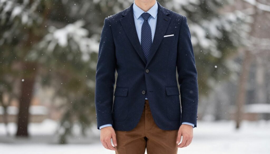 A stylish winter outfit featuring a tailored navy blazer paired with brown trousers, accessorized with a light blue shirt and a patterned navy tie. The model is standing confidently in an elegant outdoor setting, surrounded by softly falling snowflakes, capturing a warm yet sophisticated winter atmosphere. The lighting is soft and diffused, enhancing the colors and textures of the fabrics. The background consists of blurred winter trees, creating a serene, seasonal backdrop. The focus is on a medium shot, emphasizing the outfit details while maintaining a polished overall look. This setup evokes a feeling of timeless elegance and readiness for any seasonal occasion.