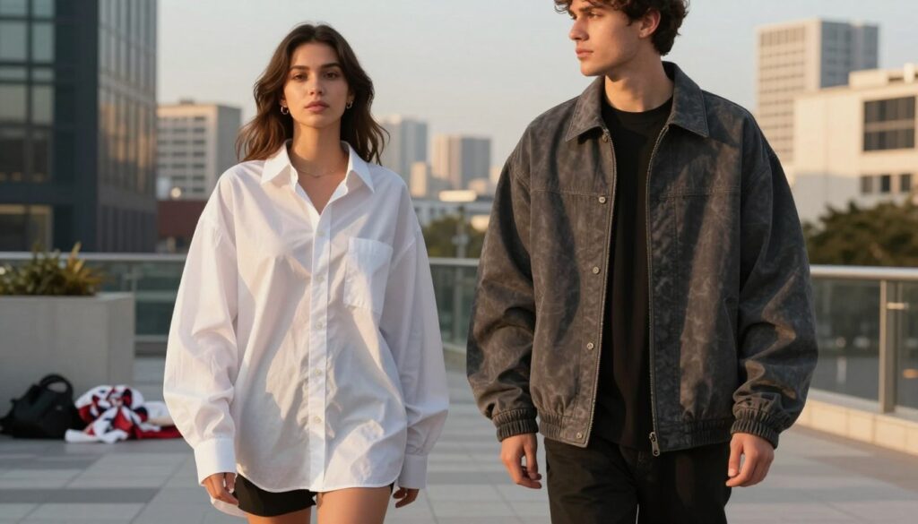 A stylish woman and a man standing in a modern urban setting, showcasing common mistakes in wearing oversized clothing. The woman is dressed in an oversized shirt that appears unflattering, emphasizing the wrong fit by having sleeves too long and overly baggy proportions. The man is in a similarly misplaced oversized jacket, creating a bulky silhouette. In the middle ground, subtle hints of fashion elements like scarves or accessories clutter the scene, contributing to a chaotic look. The background features a chic cityscape during golden hour, casting warm light and creating soft shadows that enhance the mood of casual fashion errors. The image should be bright and inviting, reflecting the importance of proper oversized styling without displaying any text or logos.