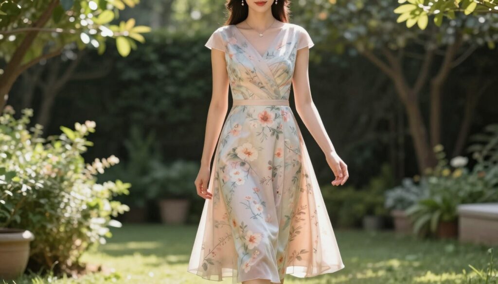 A stylish woman dressed in a sophisticated midi dress, featuring elegant yet subtle floral patterns in soft pastel colors, exuding a sense of grace and refinement. The dress has a fitted bodice and a flowing skirt that falls just below the knee, perfect for formal occasions. The woman stands confidently in an outdoor garden setting, surrounded by lush greenery and soft, diffused sunlight filtering through the leaves. She has her hair neatly styled, and is accessorized with simple jewelry that enhances her outfit without overpowering it. The scene captures a warm, inviting atmosphere, emphasizing elegance and poise, with a soft focus on the background to keep the attention on the dress and the overall styling appropriate for a godmother at a baptism.