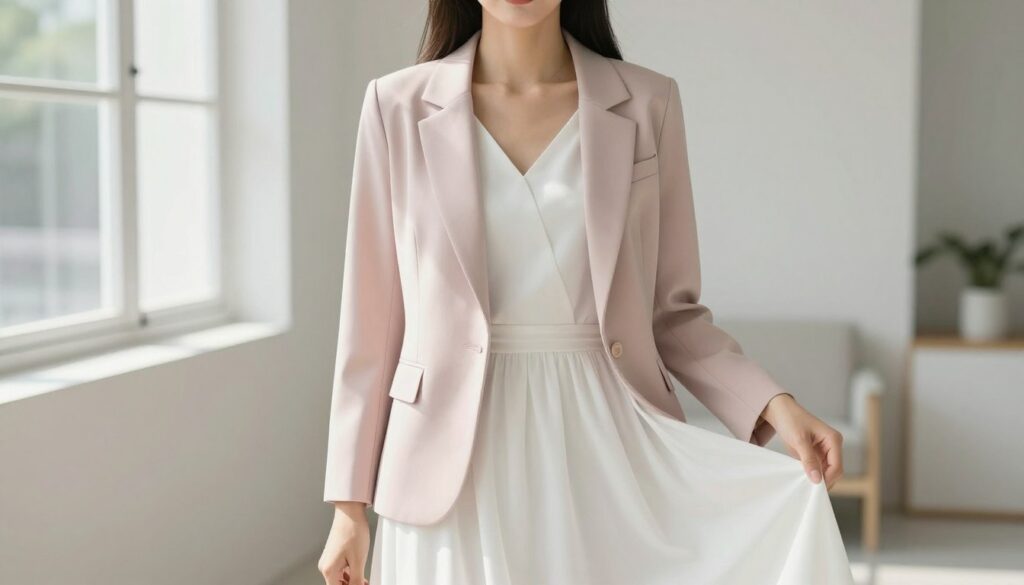 A stylish woman in a chic, tailored blazer paired with a flowing, elegant white dress. The blazer, in a soft pastel hue like blush or light blue, complements the dress while maintaining a sophisticated look. The scene is set in a bright, airy environment, evoking a sense of freshness and elegance. Soft, natural light filters through large windows, casting gentle shadows. The focus is on the woman's outfit, highlighting the harmony between the blazer and dress. The backdrop features minimalistic furnishings, ensuring the attention remains on the fashion details. The camera angle is slightly above eye level, capturing both the attire and the gentle ambiance, creating a mood of casual sophistication, perfect for various occasions.