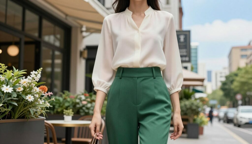 A stylish woman in a sophisticated, elegant outfit featuring green trousers, standing confidently in a chic urban setting. The foreground captures her from the waist up, focusing on her upper body, adorned with a soft, flowing blouse in a complementary color, perhaps ivory or soft beige. The middle ground features an elegant café scene with vibrant greenery and flowers, creating a fresh, lively atmosphere. In the background, blurred city buildings under a bright blue sky. Soft, natural lighting highlights her outfit, showcasing the textures and colors. The angle is slightly from below, emphasizing the woman's confident posture and the fashionable ensemble, creating a mood of refinement and modernity. A stylish woman in a sophisticated, elegant outfit featuring green trousers, standing confidently in a chic urban setting. The foreground captures her from the waist up, focusing on her upper body, adorned with a soft, flowing blouse in a complementary color, perhaps ivory or soft beige. The middle ground features an elegant café scene with vibrant greenery and flowers, creating a fresh, lively atmosphere. In the background, blurred city buildings under a bright blue sky. Soft, natural lighting highlights her outfit, showcasing the textures and colors. The angle is slightly from below, emphasizing the woman's confident posture and the fashionable ensemble, creating a mood of refinement and modernity.