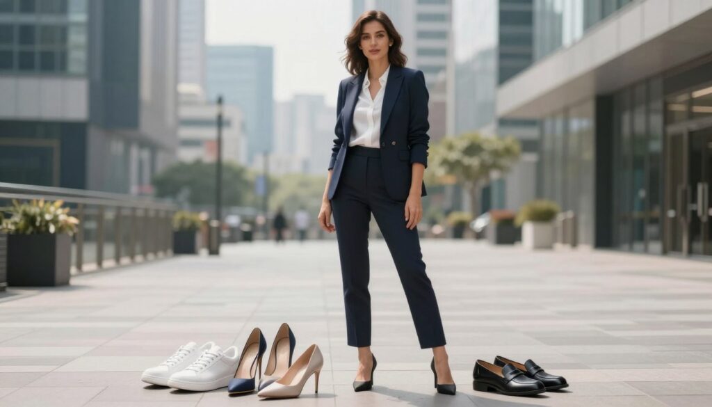 A stylish woman standing in a contemporary urban setting, wearing a tailored blazer and elegant trousers. She is showcasing a variety of footwear options—sneakers, heels, and loafers—arranged visually around her, emphasizing the versatility for matching with different jacket cuts. The background displays a soft-focus cityscape with modern architecture, giving a professional yet fashionable atmosphere. The scene is well-lit, with natural daylight softly illuminating the subjects, creating a fresh and vibrant ambiance. The angle is slightly above eye level, capturing the woman’s confident pose while highlighting the footwear. The overall mood is sophisticated and modern, reflecting the elegance of women's fashion choices.