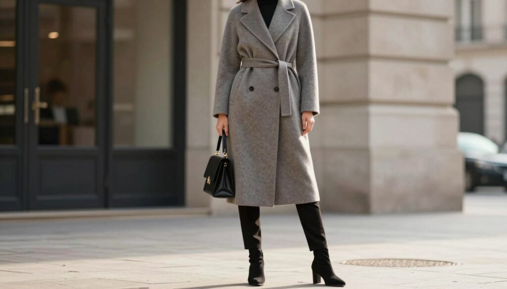 A stylish woman stands confidently against an urban backdrop, wearing a long, tailored coat that elegantly accentuates her silhouette. The coat features a cinched waist, creating a flattering hourglass shape. She pairs it with high-waisted fitted trousers and chic ankle boots, elongating her legs. The scene captures her from a slight low angle to emphasize her height and poise. Soft, natural lighting bathes the scene, highlighting the textures of the fabric and the details of her accessories, such as a structured handbag and minimalistic jewelry. In the background, softly blurred city elements provide context without distraction, creating a sophisticated and aspirational atmosphere that showcases the art of styling for a lengthened silhouette.