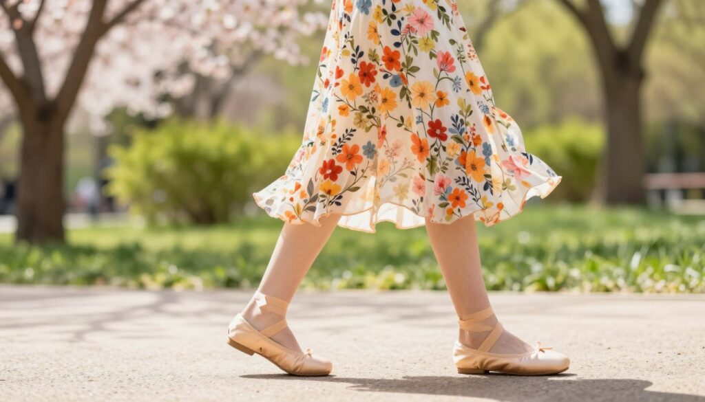 A stylish woman walking through a sunlit park during spring-summer, wearing fashionable ballet flats paired with a flowing floral dress. In the foreground, focus on her elegant, lightly adorned feet in the ballet flats, showcasing their contemporary style. In the middle ground, capture the dress with soft, vibrant colors and patterns, swaying gently in a light breeze. In the background, blurred images of blooming trees and lush greenery evoke a warm, inviting atmosphere. The lighting is soft and natural, with dappled sunlight filtering through the leaves, creating a cheerful and fashionable vibe. The scene conveys a sense of playful sophistication, perfect for the modern woman embracing spring-summer trends.