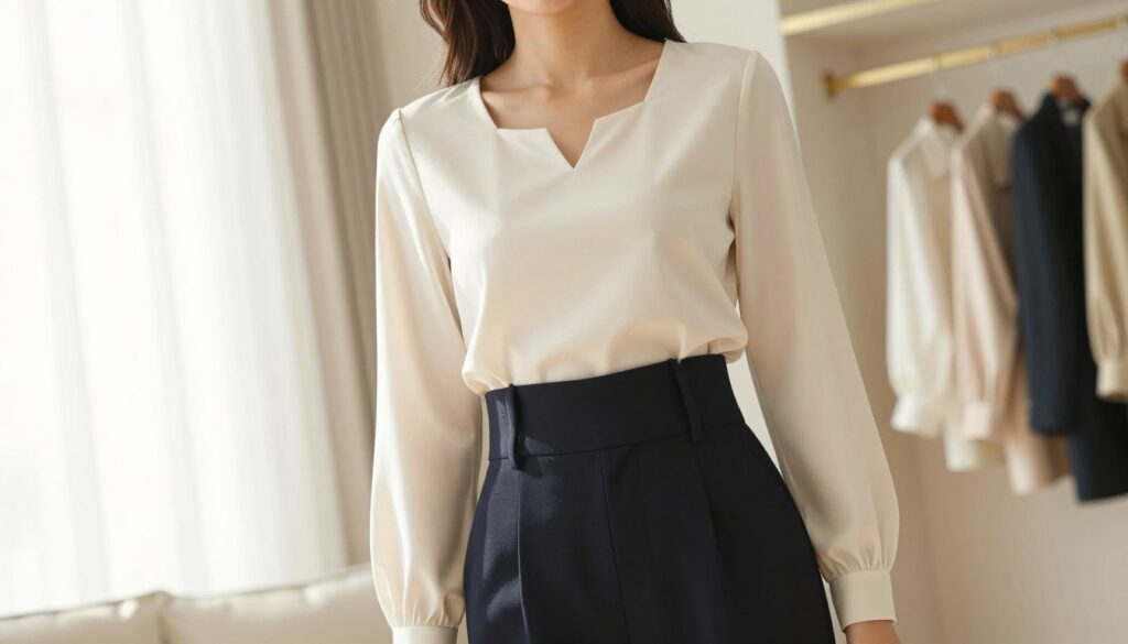 A stylish woman wearing a high-waisted trouser paired with a fitted blouse, showcasing a flattering silhouette that highlights the waist. The blouse features a sophisticated neckline, perhaps a subtle V-neck or square design, adding elegance to her look. The setting is a bright, airy room with soft natural lighting that creates a warm and inviting atmosphere. In the background, there are hints of a modern wardrobe, displaying various stylish blouses hung on a rack. The focus is on the woman, capturing her confident posture and the perfect length of her blouse that beautifully complements her high-waisted pants. The camera angle is slightly elevated, providing a dynamic view of the outfit, emphasizing the chic and polished appearance, perfect for a fashion-forward article.