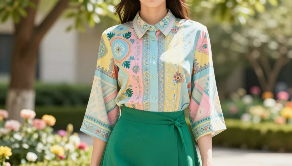 A stylish woman wearing a vibrant patterned blouse featuring geometric and floral designs, paired elegantly with a green skirt. The blouse has a blend of soft pastel colors, including light blues, pinks, and yellows. She is standing confidently in a bright, well-lit outdoor setting with softly diffused sunlight filtering through leafy trees. The background showcases a serene garden scene with colorful blooming flowers, enhancing the attire's charm. The focus is tight on the woman to highlight the blouse's intricate patterns and textures, with a slight blur on the background for depth. The overall mood is fresh, vibrant, and stylish, embodying a modern and chic fashion sense. A stylish woman wearing a vibrant patterned blouse featuring geometric and floral designs, paired elegantly with a green skirt. The blouse has a blend of soft pastel colors, including light blues, pinks, and yellows. She is standing confidently in a bright, well-lit outdoor setting with softly diffused sunlight filtering through leafy trees. The background showcases a serene garden scene with colorful blooming flowers, enhancing the attire's charm. The focus is tight on the woman to highlight the blouse's intricate patterns and textures, with a slight blur on the background for depth. The overall mood is fresh, vibrant, and stylish, embodying a modern and chic fashion sense.