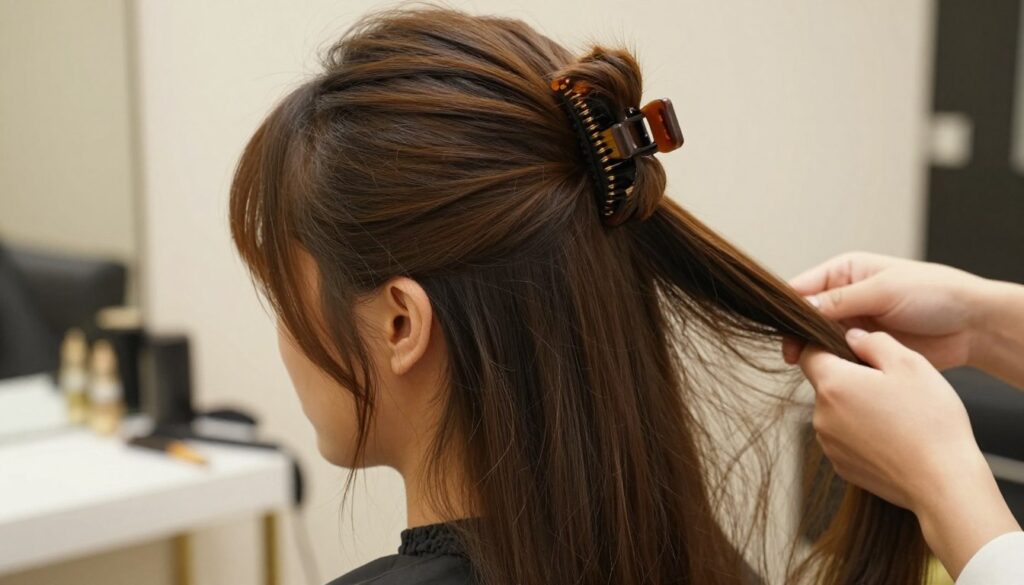 A stylish woman with long hair elegantly styled in a hair claw updo, showcasing the versatility of practical hairstyles for everyday and special occasions. The foreground features her face, partially turned, highlighting the intricate details of the hair claw holding her long hair in place. In the middle ground, soft light illuminates her hair, revealing subtle highlights and smooth textures. The background is a softly blurred salon setting, suggesting a cozy atmosphere with hints of hairdressing tools and warm lighting. The overall mood is chic and modern, emphasizing the fashionable and functional aspects of using a hair claw for long hair. The composition is captured with a slightly angled perspective to draw attention to the hairstyle. A stylish woman with long hair elegantly styled in a hair claw updo, showcasing the versatility of practical hairstyles for everyday and special occasions. The foreground features her face, partially turned, highlighting the intricate details of the hair claw holding her long hair in place. In the middle ground, soft light illuminates her hair, revealing subtle highlights and smooth textures. The background is a softly blurred salon setting, suggesting a cozy atmosphere with hints of hairdressing tools and warm lighting. The overall mood is chic and modern, emphasizing the fashionable and functional aspects of using a hair claw for long hair. The composition is captured with a slightly angled perspective to draw attention to the hairstyle.