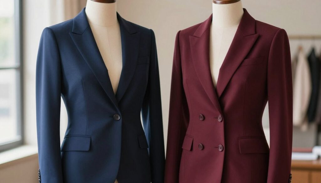 A stylish women's jacket displayed on a mannequin, showcasing both a single-breasted and a double-breasted design. The single-breasted side features a sleek, fitted silhouette with a clean line in a soft navy fabric, while the double-breasted side has a classic, tailored look with prominent buttons and slightly structured shoulders in a rich burgundy. The background is softly blurred to enhance the focus on the jacket, illuminated by natural light streaming in from a nearby window, creating a warm and inviting atmosphere. The mood is professional and elegant, ideal for a fashion context. The composition is shot from a mid-angle to capture both styles clearly, emphasizing the differences in design and fit.