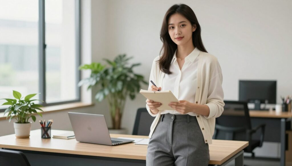 A stylish young adult woman in a smart casual outfit stands confidently in a modern office environment. She wears tailored high-waisted trousers paired with a crisp white blouse and a chic, lightweight cardigan. In her hands, she holds a notepad and a pen, showcasing her professionalism. The background features a contemporary desk with a laptop and green plants, reflecting a bright and inviting workspace. Soft natural light filters through large windows, creating a warm and welcoming atmosphere. The image is framed from a mid-angle perspective to emphasize the subject while capturing the elegant office setting, evoking a sense of balance between professionalism and approachability.