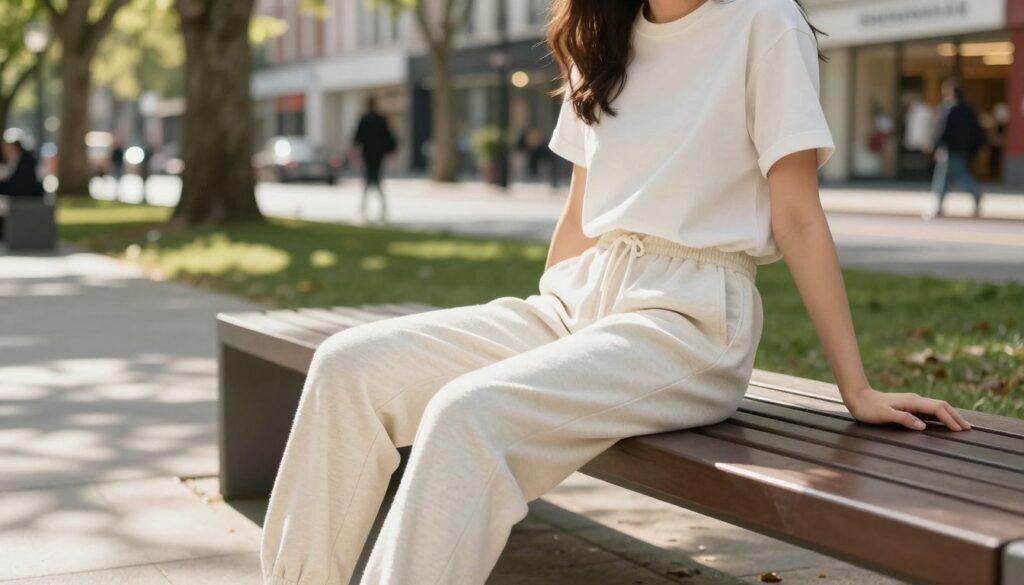 A stylish young woman wearing light cotton sweatpants, casually paired with a simple t-shirt, sits on a modern park bench in an urban setting. The sweatpants have a relaxed fit and are in a soft pastel color, exemplifying comfort while remaining chic. Sunlight filters through leafy trees, casting dappled shadows on the ground, creating a warm and inviting atmosphere. In the background, there are hints of bustling city life, such as blurred passersby and vibrant storefronts, reflecting the versatility of these pants for outings beyond the home. The scene is captured with a soft focus, enhancing the cozy vibe of everyday fashion while showcasing the practicality and style of the lightweight cotton sweats.