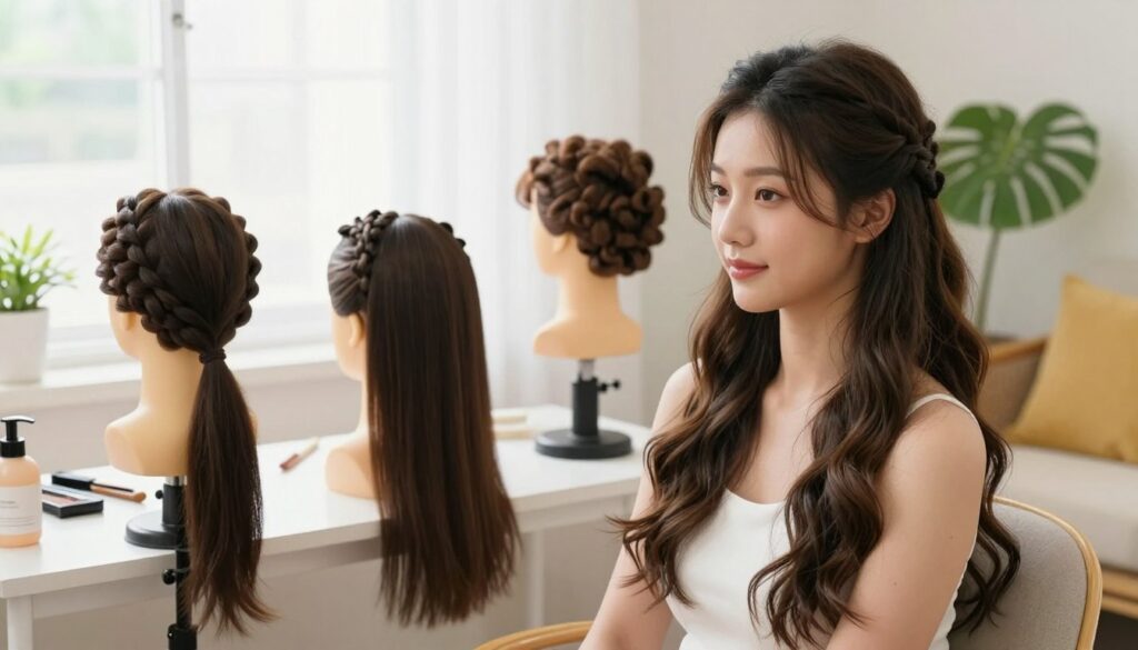 A stylish young woman with long, flowing hair is seated in a bright, cheerful room. She is demonstrating various easy hairstyles for everyday wear. In the foreground, her hair is styled in a simple yet elegant loose braid on one side, with a few soft waves framing her face. In the middle, we see a few quick hairstyles displayed on a stylish hair mannequin, showcasing a sleek ponytail and a half-up bun. The background is softly lit with natural light streaming through a window, illuminating plants and a cozy chair. The mood is relaxed and inviting, conveying an essence of effortless beauty and practicality in hair styling, perfect for busy days. A stylish young woman with long, flowing hair is seated in a bright, cheerful room. She is demonstrating various easy hairstyles for everyday wear. In the foreground, her hair is styled in a simple yet elegant loose braid on one side, with a few soft waves framing her face. In the middle, we see a few quick hairstyles displayed on a stylish hair mannequin, showcasing a sleek ponytail and a half-up bun. The background is softly lit with natural light streaming through a window, illuminating plants and a cozy chair. The mood is relaxed and inviting, conveying an essence of effortless beauty and practicality in hair styling, perfect for busy days.
