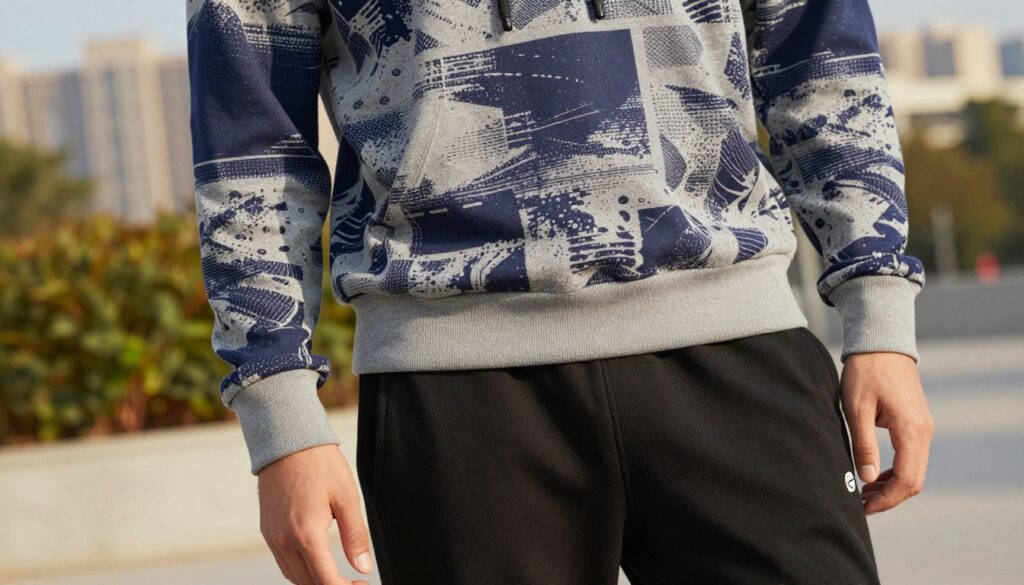 A stylishly dressed person wearing a vibrant, sporty hoodie in shades of grey and navy blue, prominently featuring a unique pattern, stands beside a pair of sleek black sweatpants. The hoodie is fitted, adding a modern touch while the ensemble maintains a casual yet polished look. The foreground captures intricate details of the clothing texture, highlighting the fabric quality. In the middle ground, a simple urban setting is depicted, with hints of greenery and a soft, blurred cityscape, lending a casual backdrop without overwhelming the subject. The lighting is warm and inviting, creating a relaxed atmosphere, suggesting a sunny afternoon. The angle is slightly tilted to emphasize the outfit, focusing on the seamless match between the hoodie and the black sweatpants, embodying sporty elegance.