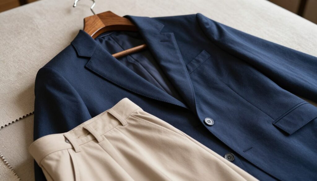 A tailored navy blazer made from a rich, textured fabric, draped elegantly over a stylish, contemporary wooden hanger. The blazer showcases subtle details like intricate stitching and a soft lapel. In the foreground, a pair of beige trousers with a refined, lightweight fabric lies flat, highlighting their smooth finish and tailored fit. In the background, softly blurred, a neutral fabric swatch displays various textures that complement the outfit. Lighting is warm and inviting, casting gentle shadows that enhance the details of the fabrics. The image captures a sophisticated, modern atmosphere, emphasizing the harmony between the materials of the blazer and the beige trousers, perfect for showcasing style choices that exude luxury and freshness. A tailored navy blazer made from a rich, textured fabric, draped elegantly over a stylish, contemporary wooden hanger. The blazer showcases subtle details like intricate stitching and a soft lapel. In the foreground, a pair of beige trousers with a refined, lightweight fabric lies flat, highlighting their smooth finish and tailored fit. In the background, softly blurred, a neutral fabric swatch displays various textures that complement the outfit. Lighting is warm and inviting, casting gentle shadows that enhance the details of the fabrics. The image captures a sophisticated, modern atmosphere, emphasizing the harmony between the materials of the blazer and the beige trousers, perfect for showcasing style choices that exude luxury and freshness.