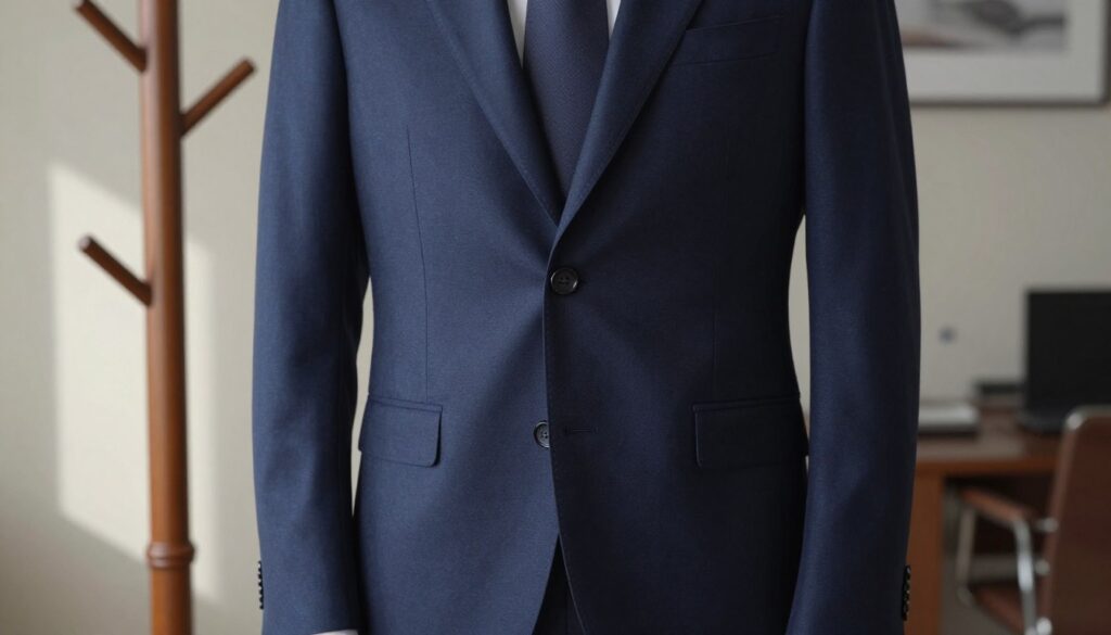 A tailored three-button blazer prominently displayed in the foreground, showcasing both the central button fastened and the two upper buttons left undone, highlighting the sophisticated styling options. The blazer is deep navy blue with a slight sheen, elegantly designed with sharp lapels. In the middle ground, a stylish wooden coat rack adds an air of professionalism, with soft natural lighting casting gentle shadows. The background features a muted, elegant office environment with blurred outlines of modern furniture and decorative elements, creating a refined atmosphere. The image conveys a sense of sophistication and attention to detail, ideal for understanding the nuances of buttoning styles in men's fashion. A tailored three-button blazer prominently displayed in the foreground, showcasing both the central button fastened and the two upper buttons left undone, highlighting the sophisticated styling options. The blazer is deep navy blue with a slight sheen, elegantly designed with sharp lapels. In the middle ground, a stylish wooden coat rack adds an air of professionalism, with soft natural lighting casting gentle shadows. The background features a muted, elegant office environment with blurred outlines of modern furniture and decorative elements, creating a refined atmosphere. The image conveys a sense of sophistication and attention to detail, ideal for understanding the nuances of buttoning styles in men's fashion.