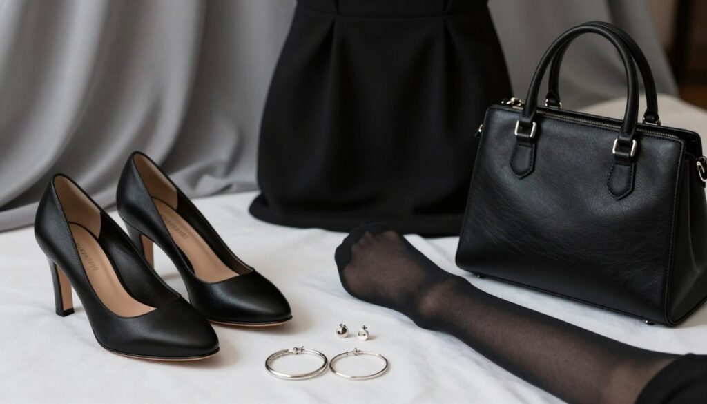 A tasteful flat lay composition showcasing elegant funeral attire accessories suitable for a respectful occasion. In the foreground, a pair of classic black heels placed next to sheer black tights and a structured black handbag with clean lines. Nearby, simple silver jewelry like stud earrings and a delicate bracelet lie on a soft white fabric. In the middle ground, a subtle hint of a modest black dress can be discerned, accentuating the accessories without overwhelming them. A muted, soft-focus background of grey fabric drapes elegantly, creating a somber yet refined atmosphere. The lighting is soft and diffused, casting gentle shadows that enhance the textures and contours, evoking a sense of sophistication and solemnity appropriate for the context. A tasteful flat lay composition showcasing elegant funeral attire accessories suitable for a respectful occasion. In the foreground, a pair of classic black heels placed next to sheer black tights and a structured black handbag with clean lines. Nearby, simple silver jewelry like stud earrings and a delicate bracelet lie on a soft white fabric. In the middle ground, a subtle hint of a modest black dress can be discerned, accentuating the accessories without overwhelming them. A muted, soft-focus background of grey fabric drapes elegantly, creating a somber yet refined atmosphere. The lighting is soft and diffused, casting gentle shadows that enhance the textures and contours, evoking a sense of sophistication and solemnity appropriate for the context.