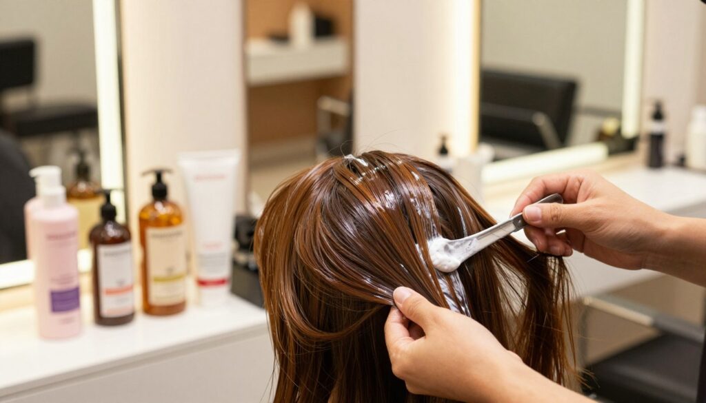 A vibrant and informative scene illustrating the concept of ammonia-free hair dye's impact on hair health. In the foreground, a close-up shot of a professional stylist applying a rich, glossy, ammonia-free hair dye to a model's hair, showcasing the dye's luxurious texture. The middle ground features hair care products displayed elegantly, including nourishing oils and conditioners labeled "ammonia-free." In the background, a softly blurred salon interior filled with warm, inviting lighting, highlighting sleek mirrors and modern styling tools. The overall atmosphere conveys a sense of care and gentleness, promoting a nurturing approach to hair coloring, with a focus on healthy hair outcomes. Use soft, natural lighting to enhance the inviting mood of the salon environment. A vibrant and informative scene illustrating the concept of ammonia-free hair dye's impact on hair health. In the foreground, a close-up shot of a professional stylist applying a rich, glossy, ammonia-free hair dye to a model's hair, showcasing the dye's luxurious texture. The middle ground features hair care products displayed elegantly, including nourishing oils and conditioners labeled "ammonia-free." In the background, a softly blurred salon interior filled with warm, inviting lighting, highlighting sleek mirrors and modern styling tools. The overall atmosphere conveys a sense of care and gentleness, promoting a nurturing approach to hair coloring, with a focus on healthy hair outcomes. Use soft, natural lighting to enhance the inviting mood of the salon environment.