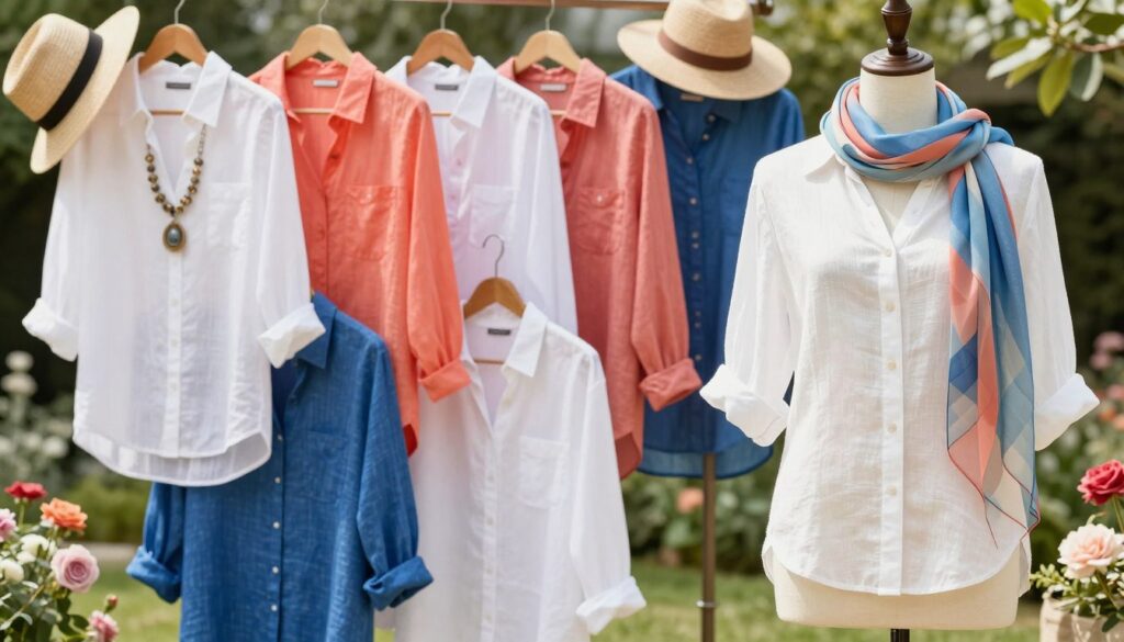 A vibrant summer scene showcasing various styles of women's linen shirts in an array of colors, from classic white and soft pastels to bold hues like deep blue and vivid coral. In the foreground, a mannequin displays an elegant, fitted linen shirt with rolled-up sleeves, complemented by a flowing, lightweight scarf in a contrasting shade. The middle ground features neatly arranged shirts on hangers, displaying their unique cuts and colors, styled with accessories such as statement jewelry and sun hats. The background includes a softly lit summer garden with greenery and blooming flowers, creating an inviting atmosphere. The overall mood is fresh and lively, exuding warmth and sophistication, perfect for summer styling. Natural sunlight filters through, highlighting the textures of the linen fabric. A vibrant summer scene showcasing various styles of women's linen shirts in an array of colors, from classic white and soft pastels to bold hues like deep blue and vivid coral. In the foreground, a mannequin displays an elegant, fitted linen shirt with rolled-up sleeves, complemented by a flowing, lightweight scarf in a contrasting shade. The middle ground features neatly arranged shirts on hangers, displaying their unique cuts and colors, styled with accessories such as statement jewelry and sun hats. The background includes a softly lit summer garden with greenery and blooming flowers, creating an inviting atmosphere. The overall mood is fresh and lively, exuding warmth and sophistication, perfect for summer styling. Natural sunlight filters through, highlighting the textures of the linen fabric.