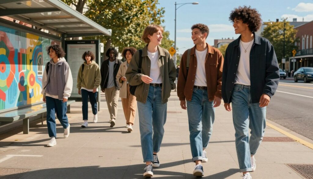 A vibrant urban scene showcasing a diverse group of individuals dressed in unisex fashion. In the foreground, two young adults, one with short hair and the other with curly hair, both wearing stylish oversized jackets, relaxed fit jeans, and sleek sneakers, are laughing and interacting. In the middle ground, a bus stop with an artistic mural reflects a welcoming atmosphere, while others walk by, wearing gender-neutral outfits, such as hoodies and unstructured coats, showcasing fresh and modern trends. The background features a sunny, bright day with clear blue skies, and trees lining the street, enhancing the relaxed vibe. The lighting is warm and inviting, casting soft shadows, and creating an uplifting, youthful mood. The angle should capture the energy of the scene, ideally from a slightly elevated perspective. A vibrant urban scene showcasing a diverse group of individuals dressed in unisex fashion. In the foreground, two young adults, one with short hair and the other with curly hair, both wearing stylish oversized jackets, relaxed fit jeans, and sleek sneakers, are laughing and interacting. In the middle ground, a bus stop with an artistic mural reflects a welcoming atmosphere, while others walk by, wearing gender-neutral outfits, such as hoodies and unstructured coats, showcasing fresh and modern trends. The background features a sunny, bright day with clear blue skies, and trees lining the street, enhancing the relaxed vibe. The lighting is warm and inviting, casting soft shadows, and creating an uplifting, youthful mood. The angle should capture the energy of the scene, ideally from a slightly elevated perspective.