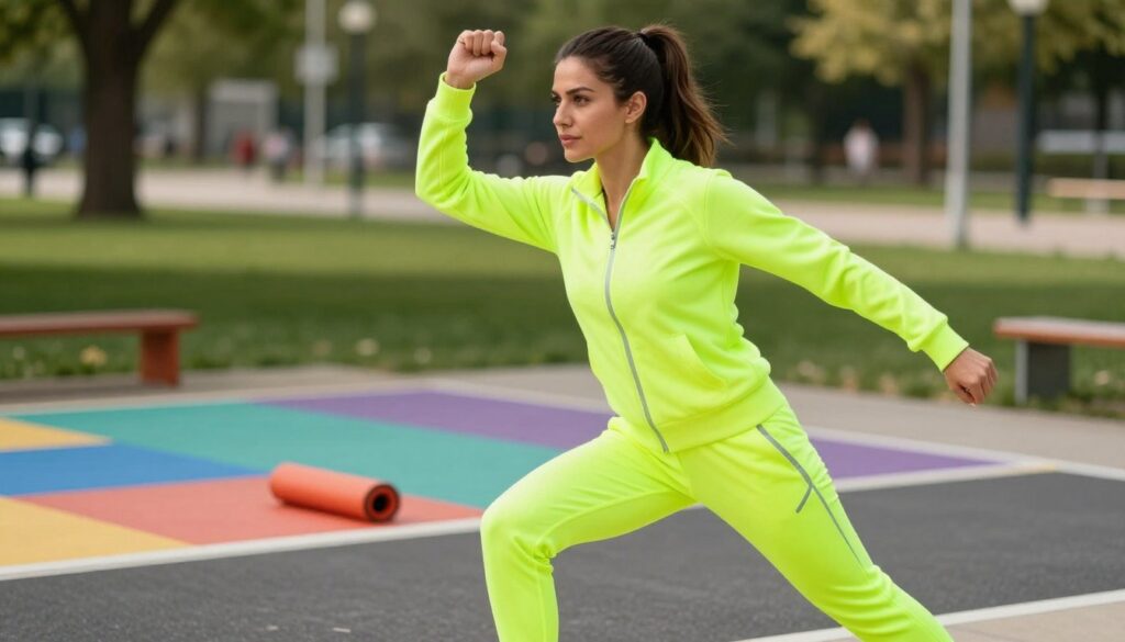A vibrant women's neon tracksuit designed for training sessions, showcasing a dynamic and comfortable fit. The foreground features an athletic woman in an energetic pose, wearing the neon outfit with modern cut and subtle reflective accents. Her expression conveys motivation and focus. In the middle ground, a brightly colored exercise mat and gym equipment hint at an active lifestyle. The background includes a blurred outdoor park scene, symbolizing freshness and energy. The lighting is bright and natural, casting soft shadows while highlighting the vivid colors of the tracksuit. The mood is energetic and inspiring, perfect for illustrating an active day in style.
