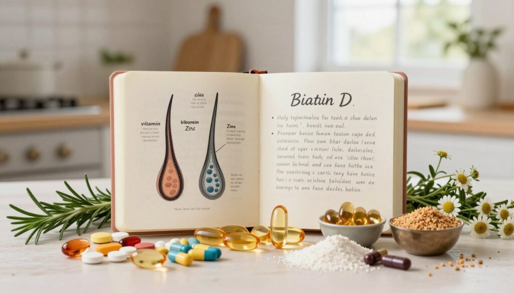 A visually captivating arrangement of vitamins and minerals beneficial for hair follicle strength. In the foreground, display an assortment of colorful vitamins in various forms: tablets, capsules, and powders, with a focus on biotin, zinc, and vitamin D. Surround them with fresh herbs like rosemary and chamomile, symbolizing natural sources of these nutrients. In the middle ground, include a sleek, open notebook with illustrations of hair follicles and notes on dietary habits. The background should feature a softly blurred kitchen setting with warm, natural light streaming through a window, evoking a cozy and health-conscious atmosphere. The scene should convey a sense of wellness and nourishment, inviting viewers to explore ways to enhance their hair health. A visually captivating arrangement of vitamins and minerals beneficial for hair follicle strength. In the foreground, display an assortment of colorful vitamins in various forms: tablets, capsules, and powders, with a focus on biotin, zinc, and vitamin D. Surround them with fresh herbs like rosemary and chamomile, symbolizing natural sources of these nutrients. In the middle ground, include a sleek, open notebook with illustrations of hair follicles and notes on dietary habits. The background should feature a softly blurred kitchen setting with warm, natural light streaming through a window, evoking a cozy and health-conscious atmosphere. The scene should convey a sense of wellness and nourishment, inviting viewers to explore ways to enhance their hair health.