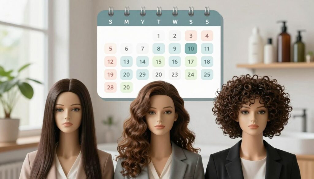 A visually engaging and informative image illustrating hair care frequency for different scalp types. In the foreground, a close-up view of various hair textures—straight, wavy, and curly—each displayed on three mannequins with realistic features, dressed in professional business casual outfits. The middle ground shows a soft-focus graphic of a calendar with varying days marked, symbolizing different washing frequencies. In the background, a serene bathroom scene with natural light streaming through a window, a potted plant nearby, and hair care products artfully arranged on a shelf. The mood is calm and educational, promoting healthy hair care practices that align with individual scalp needs. The composition emphasizes clarity and visual appeal, ensuring it captivates the reader's attention effectively.