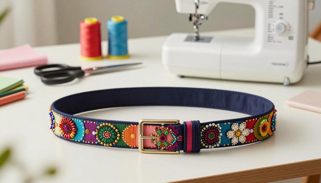 A visually engaging step-by-step illustration of creating a decorative belt for a dress. In the foreground, showcase an elegantly crafted belt made from colorful fabric with intricate embellishments like beads and sequins. In the middle ground, display essential tools, such as a pair of scissors, a sewing machine, and spools of thread, neatly arranged on a stylish work table. The background features soft, diffused lighting that creates a warm and inviting atmosphere, highlighting the craftsmanship involved. The overall mood is creative and inspiring, suitable for a DIY project. The angle is slightly elevated to capture the detail of the belt and the workspace, ensuring the image feels intimate and engaging while prioritizing clarity and focus on the design process.