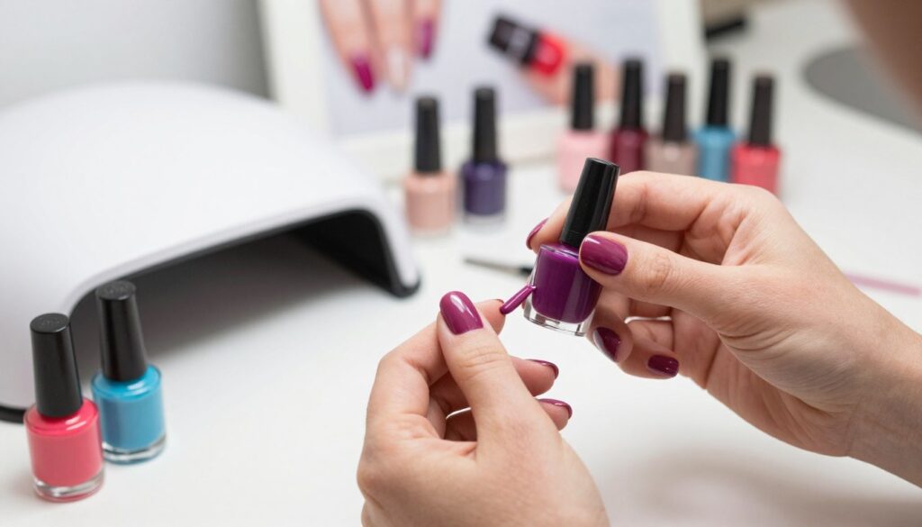 A well-lit, close-up image capturing the detailed process of applying hybrid nails. In the foreground, a person's hands, elegantly manicured, are gently holding a vibrant nail polish bottle filled with rich colors. The middle ground features a neat nail station with essential tools: a UV lamp, base coat, top coat, and a few colorful nail polishes showcasing a gradient of hues. The background includes softly blurred images of nail art inspiration, creating a serene and focused atmosphere. The scene is illuminated by soft, natural lighting, enhancing the glossy finish of the hybrid nails and reflecting a professional, clean workspace. The mood is creative and uplifting, ideal for artistically presenting expert nail care techniques.