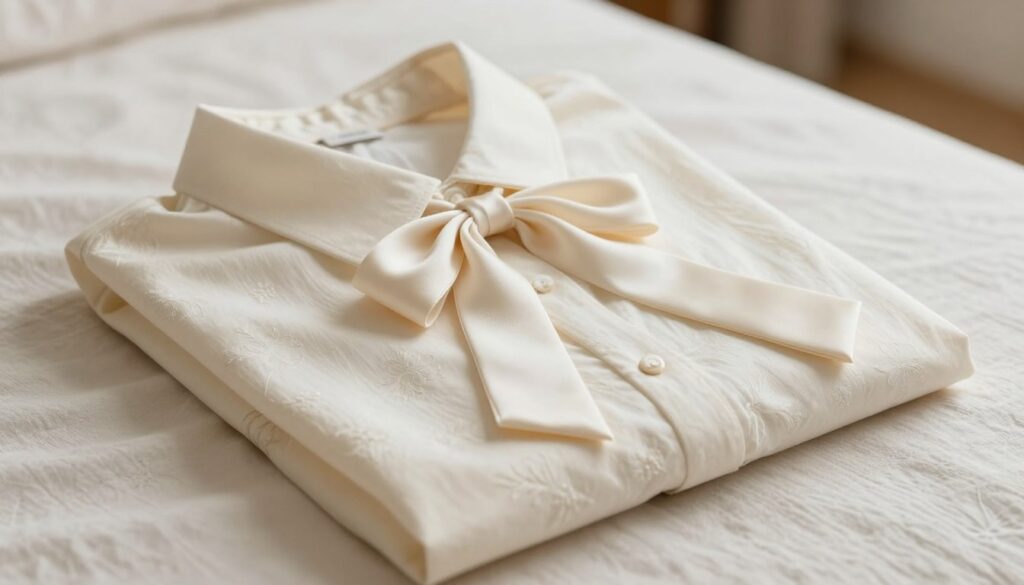 A well-lit, close-up image focusing on a neatly folded, elegant blouse laid out on a soft, textured fabric. The blouse, made of high-quality cotton, features a delicate, vintage collar and subtle floral patterns. Beside it, a matching satin sash is neatly arranged, ready for tying. The background is softly blurred, highlighting the garment's details, with gentle, diffused lighting creating a warm, inviting atmosphere. The scene conveys a sense of calm and preparation, evoking the anticipation of creating a beautiful bow. The overall composition should exude a professional yet cozy aesthetic, perfect for a fashion tutorial context.